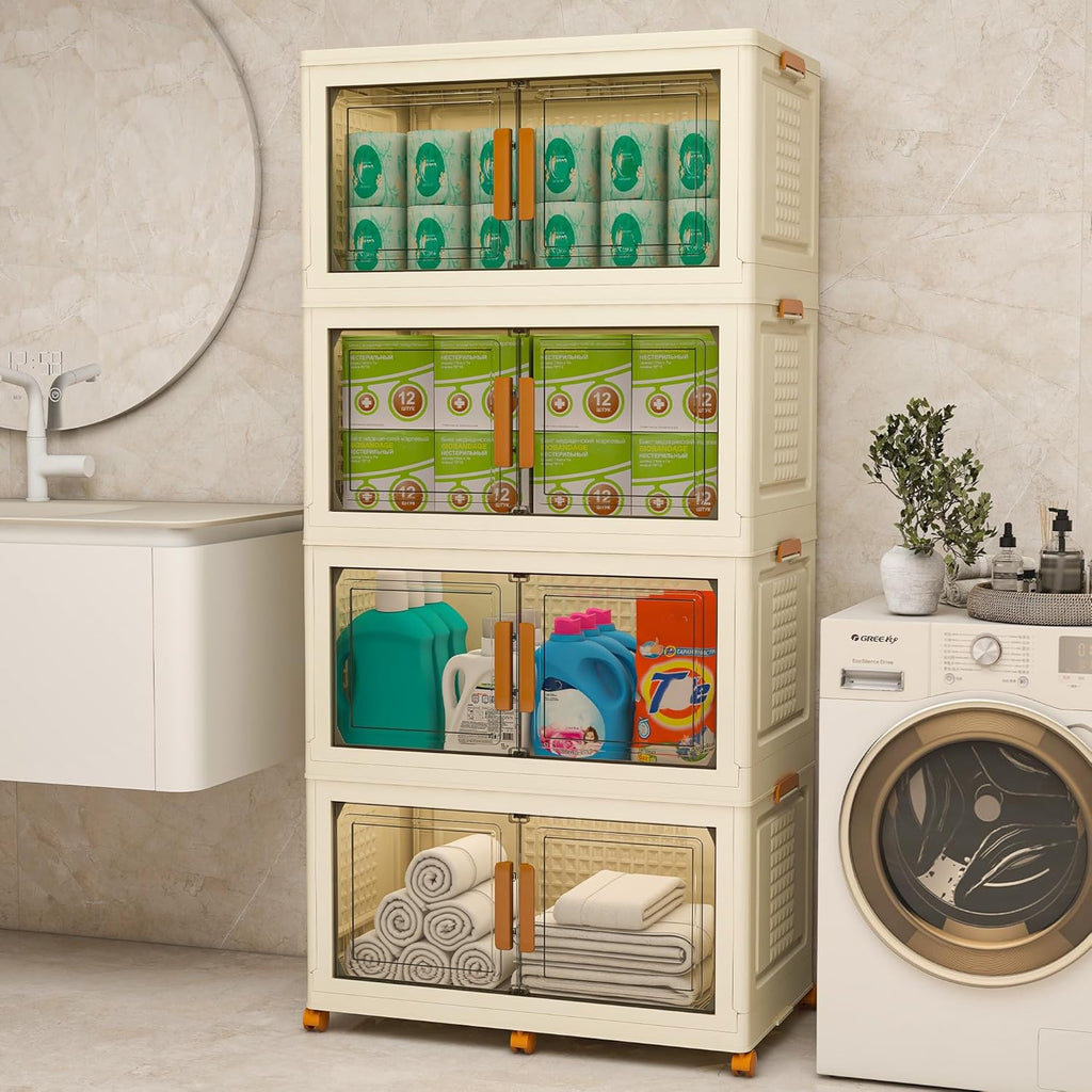 Plastic Stackable Storage Bins with Lids and Wheels, Foldable Closet Organizers and Storage Containers, Collapsible Clear Drawer Storage Cabinet with Doors Ivory White 608 QT