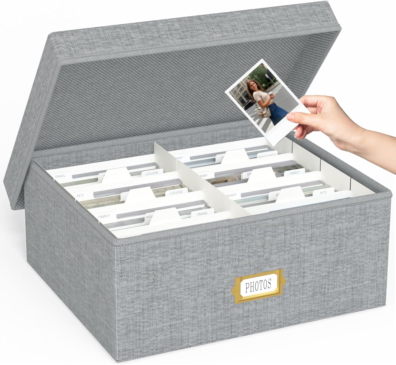 Decorative Photo Storage Box - Linen Photo Box Organizer with Dividers, Fits Holds Up to 1700 Pictures and 4x6 Photos, Memory Keepsake Organizer for Photos, Scrapbook Supplies, Cards, Stamps (Grey)