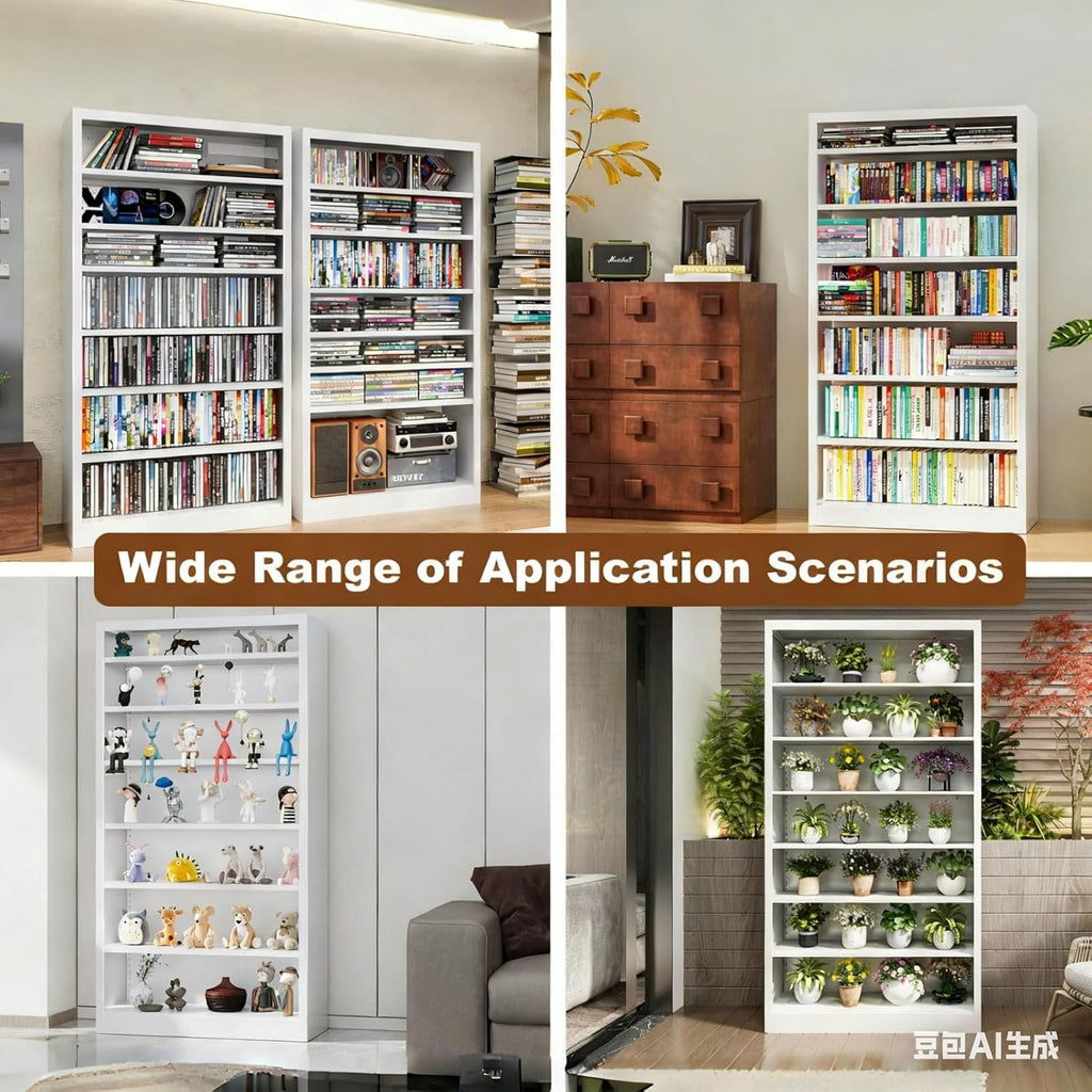 7 Tier DVD Storage Cabinets, Metal CD Storage Rack with Adjustable Shelves, Comic Book Storage Shelf, DVD Case Media Cabinet for Living Room, Media Room, & Home Theater (White)