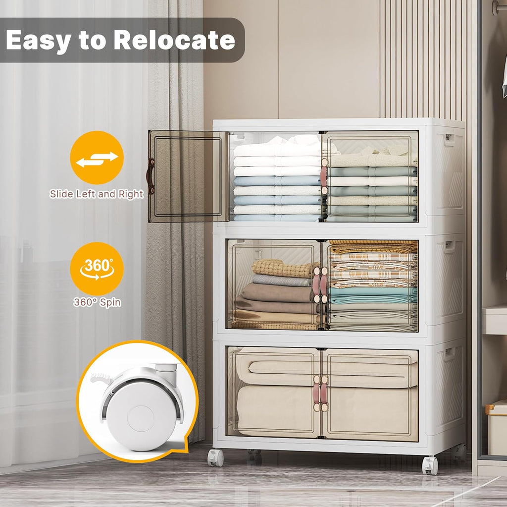 Extra Large Stackable Storage Bins with Lids & Wheels & Door, 336QT-112QT/28GAL*3Pack Foldable Collapsible Closet Organizers, Plastic containers drawers for bedroom Dorm