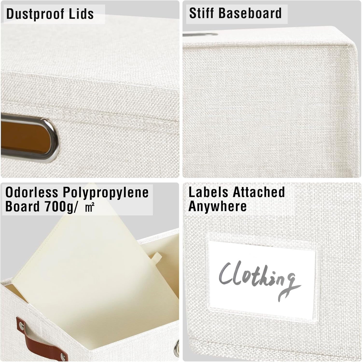 17" Large Collapsible Storage Bins with Lids, Stackable Closet Organizers with PU Handle and Labels, 3-Pack Decorative Fabric Storage Boxes for Home, Bedroom, Closet, Office, Nursery(White)