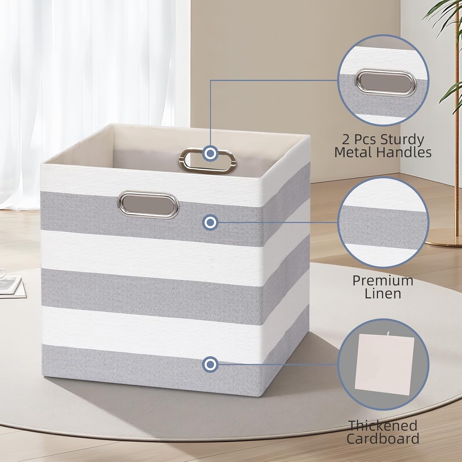 13x13x13 Storage Cube Bins, Foldable Storage Cubes Cubby Baskets Organizer Cloth Bins for Cube Storage Organizing Shelf Closet, Pack of 4, Gray/White Stripe