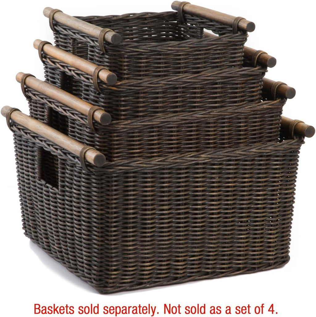 The Basket Lady Deep Pole Handle Wicker Storage Basket, Extra Large, 17.5 in L x 18 in W x 11.5 in H, Antique Walnut Brown