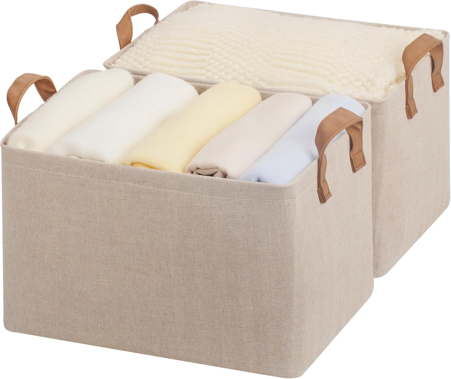 StorageWorks Storage Bins, Fabric Storage Bins for Shelves, Large Storage Baskets with Metal Frame, Closet Baskets and Bins with Handles, Brown and Beige, 2-Pack