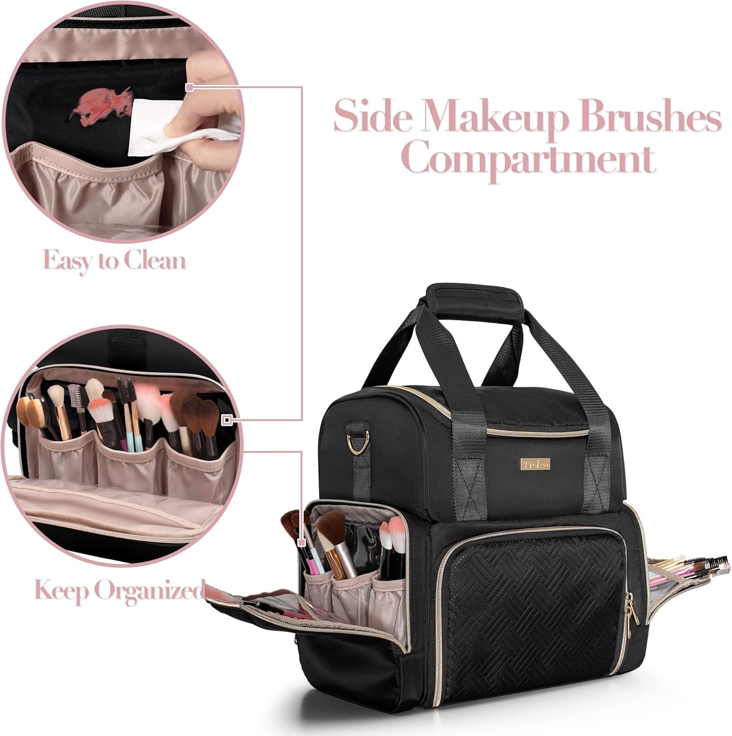 Large Cosmetic Bag with 3 Removable Case, Double Layer Travel Organizer with Inner Dividers and Makeup Brushes Storage Section, Black (Patented Design)