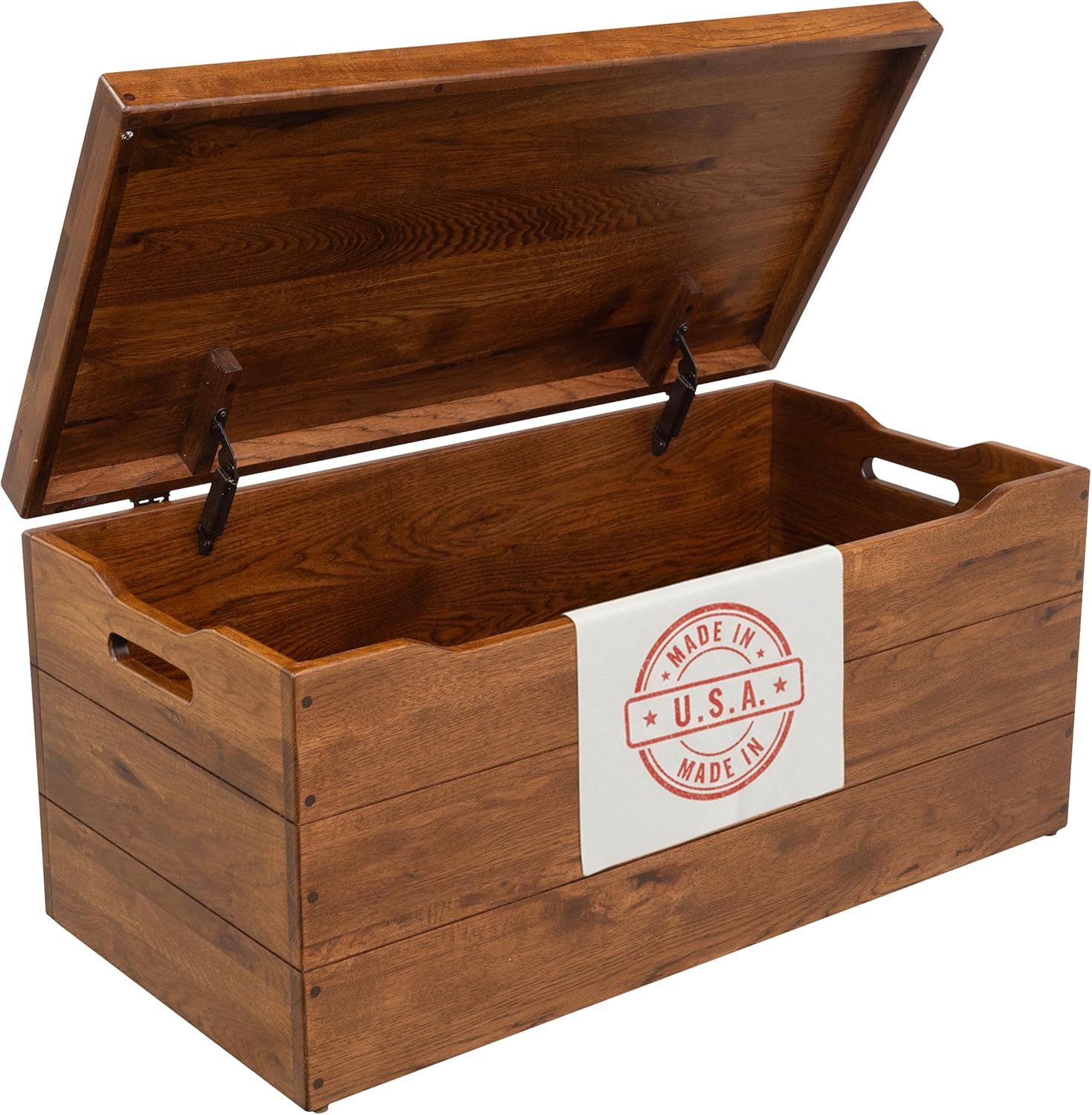 Amish Made Wooden Storage Chest Trunk Box with Lid and Handles for Bedroolanket, Clothes, Anti-Slam Hinges, Handmade, Rustic Hickory Wood, Asbury Stain, 42"