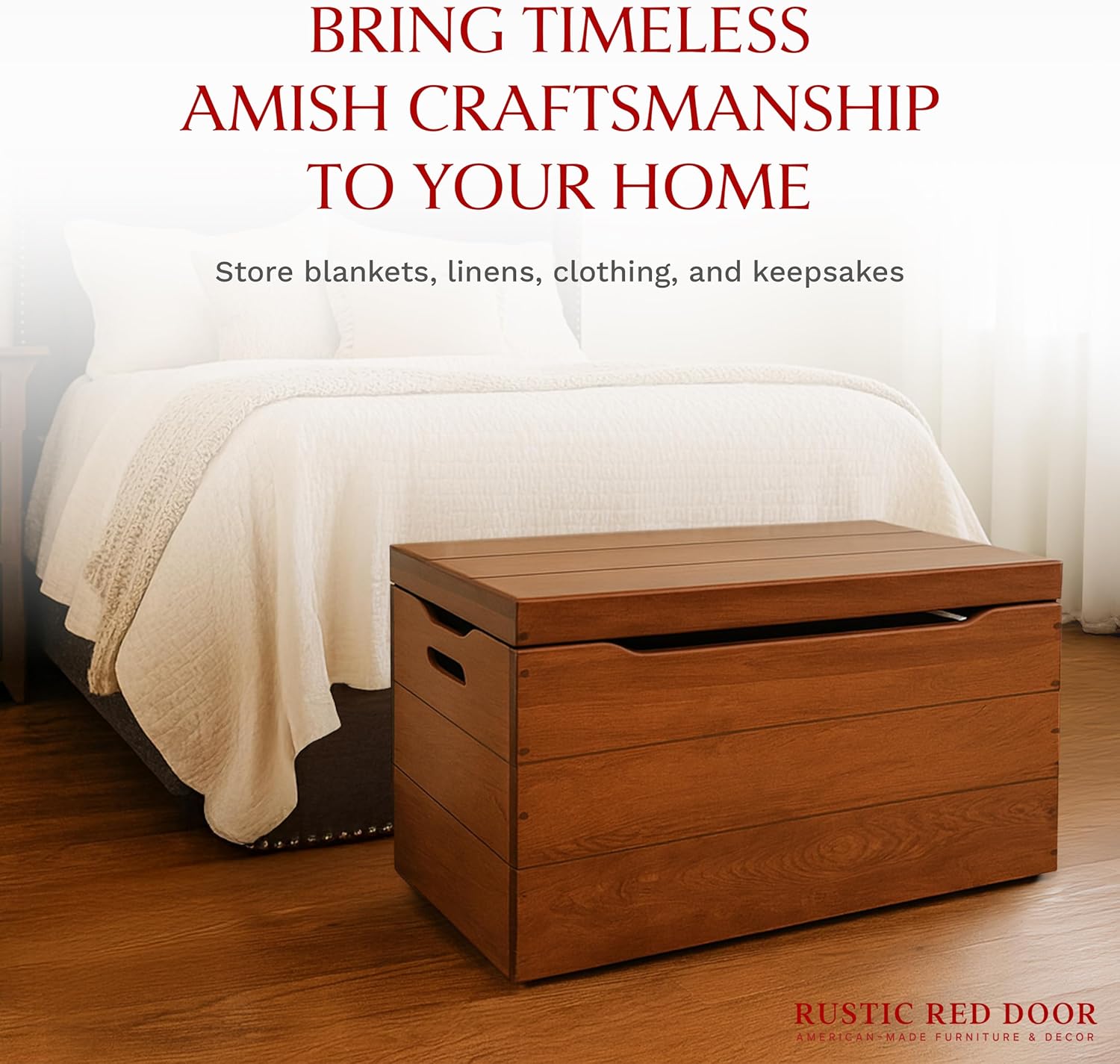 Amish Made Wooden Storage Chest Trunk Box with Lid and Handles for Bedroolanket, Clothes, Anti-Slam Hinges, Handmade, Rustic, Cherry Wood, W. Cherry Stain, 30"