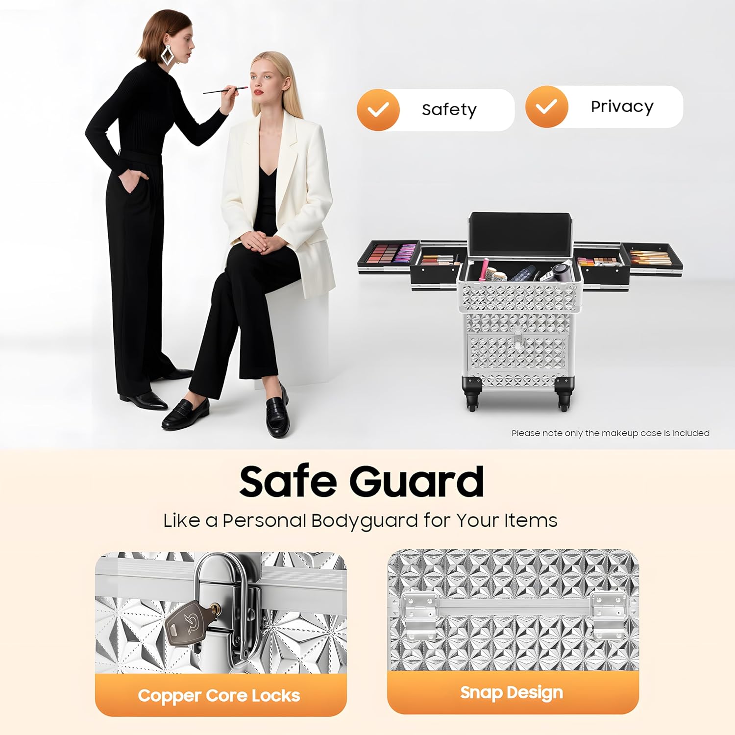 Professional Rolling Makeup Train Case with Lock, 7 Compartments 44lbs Capacity Rolling Nail Case Adjustable Organizer for Makeup Artists, Hairstylists, Pet Groomers (Sliver)