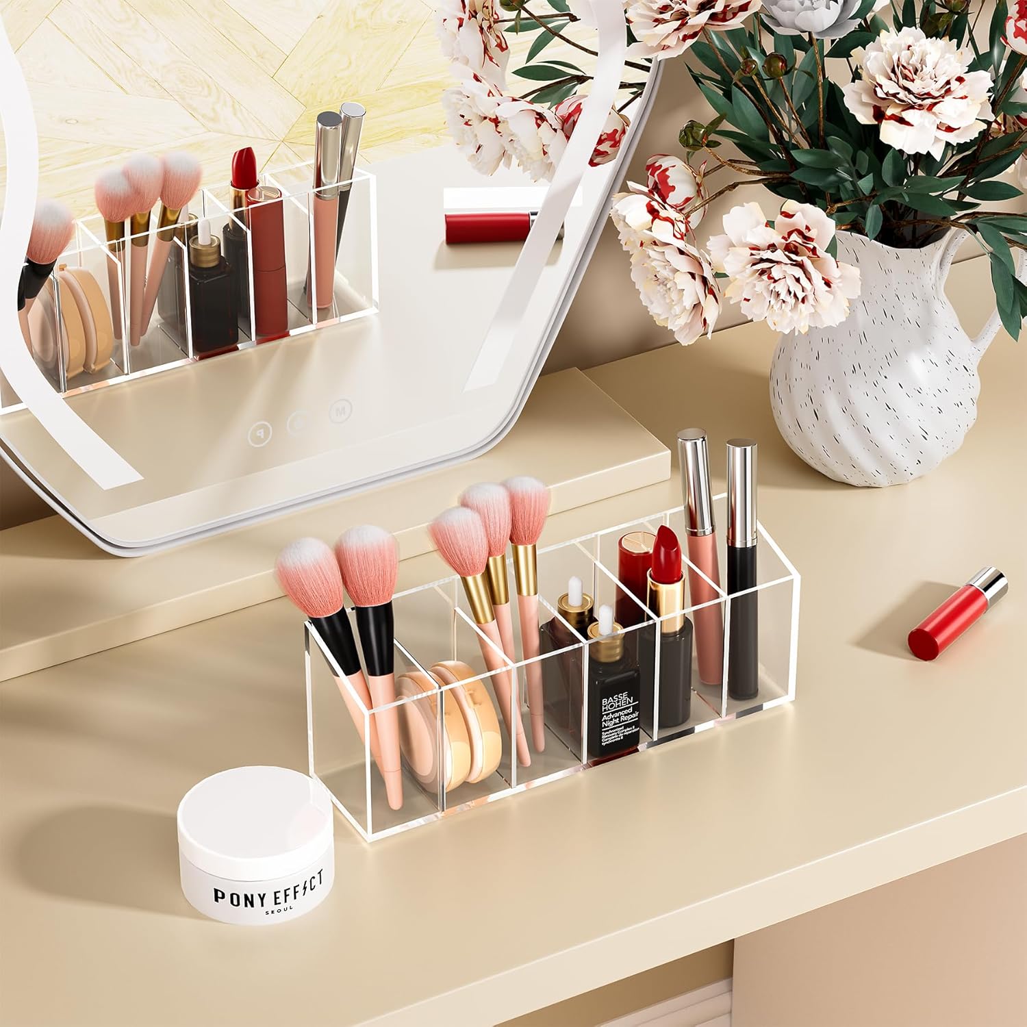 Acina 2PCS Clear Makeup Brush Holder Organizer Acrylic 3-Slots Cosmetic Brushes Storage Organizer for Vanity Countertop