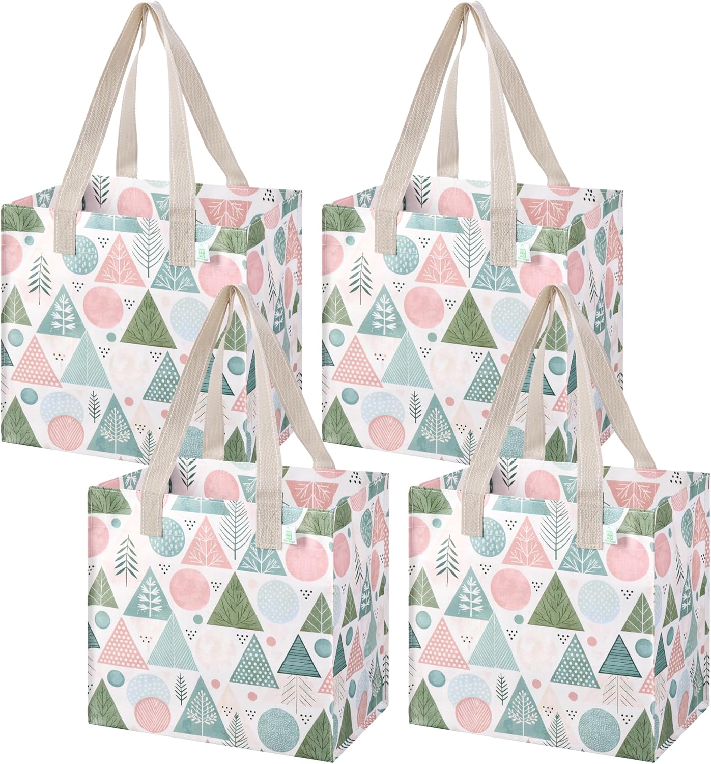 VENO 4 Pack Christmas Reusable Grocery Bags, Heavy-Duty Shopping Bags with Handles, for Shopping Cart with Hard Bottom to Stand Upright, Foldable (Pastel Forest, 4 Pack)