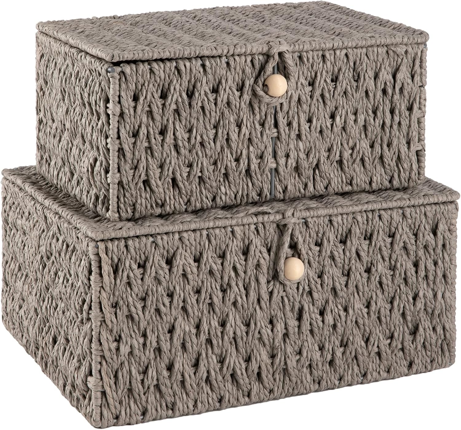 OIAHOMY Wicker Storage Basket with Lid & Lock, Lidded Storage Bins, Decorative Baskets for Organizing, Set of 2-Grey