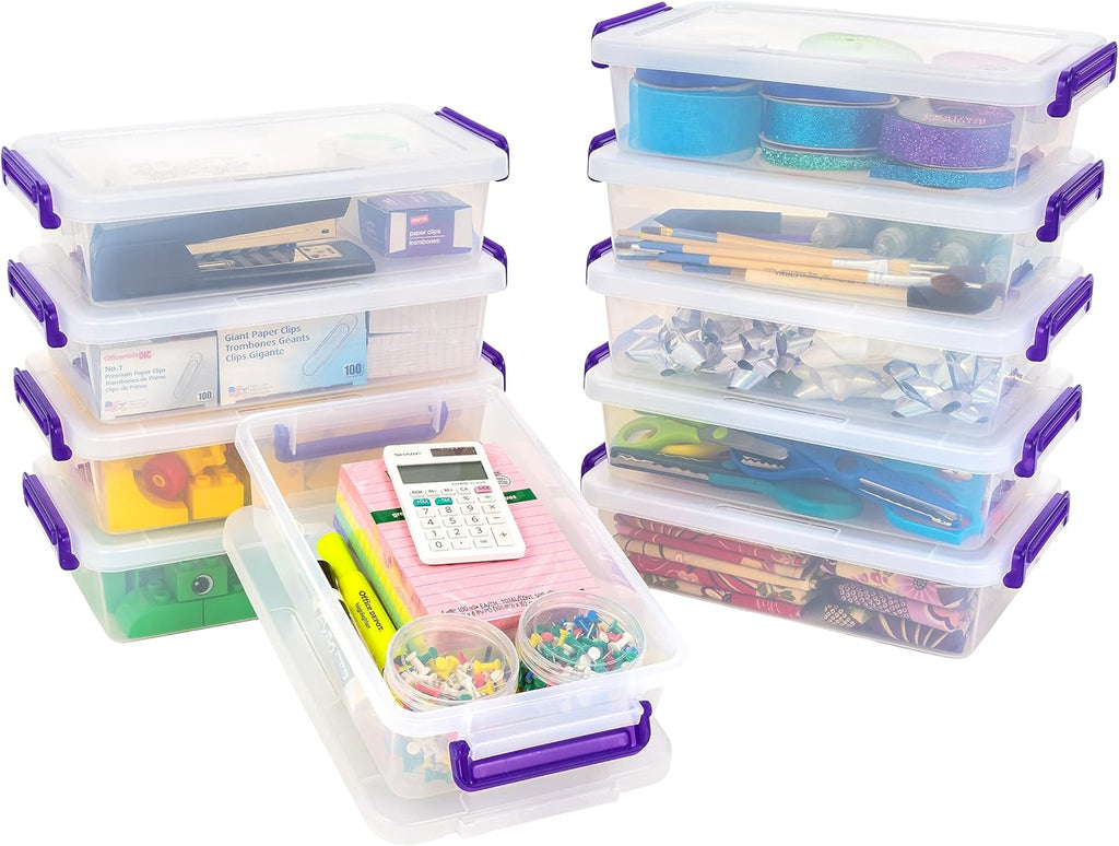IRIS USA 3 Qt. Plastic Craft Storage Container Bins with Lids, 10 Pack, Small Art & Office Supply Organizer Tote, Sensory Bins & Boxes for Home & University, Stackable, Secure Latch Buckles, Clear