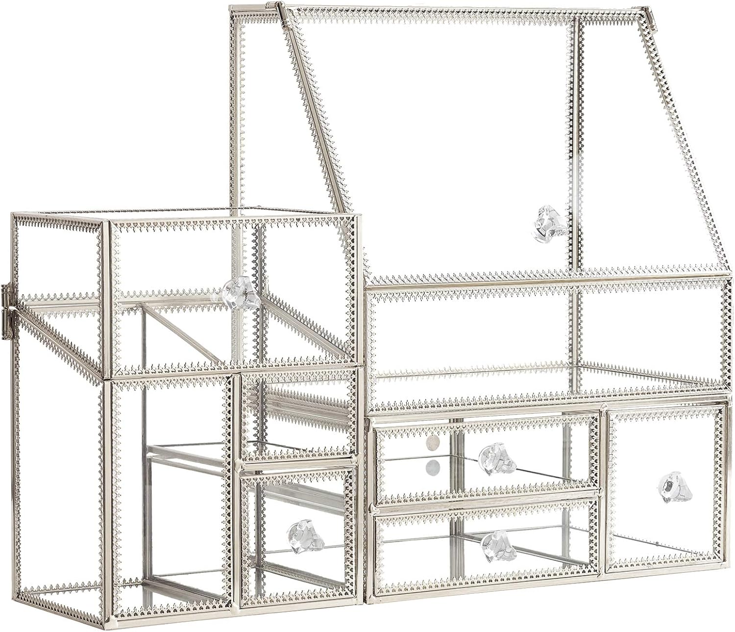 Hersoo Glass Makeup Organizer for Vanity/Stackable 2Pieces Drawer Set/Antique Countertop Vanity Cosmetic Storage Box Mirror Glass Beauty Display, Holder for Brushes Lipsticks Skincare Toner (Silver)