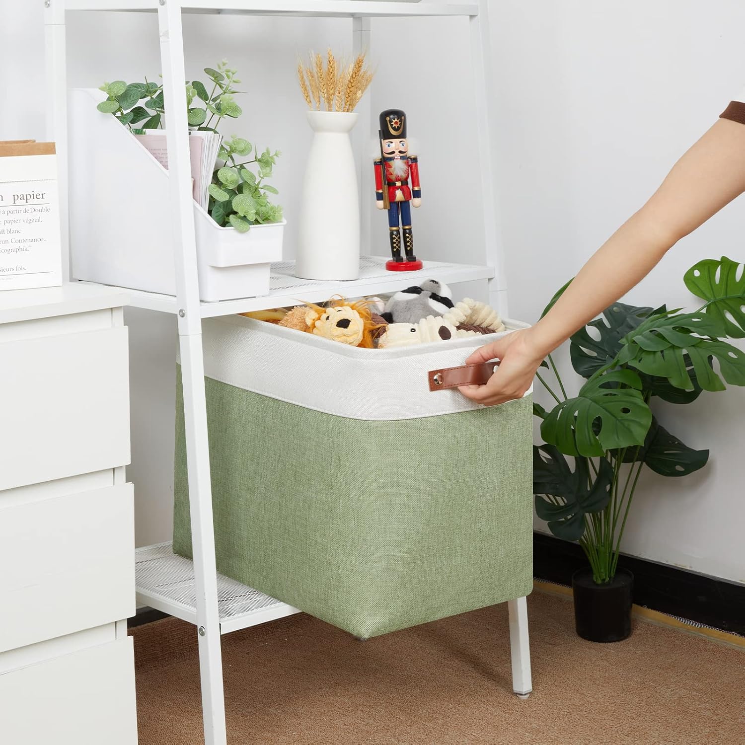 HNZIGE Shelf Storage Baskets for Clothes, Large Storage Bins Fabric Baskets for Organizing, Foldable Rectangular Decorative Storage Bins for Home Closet(White Green), 17" x 12" x 15"