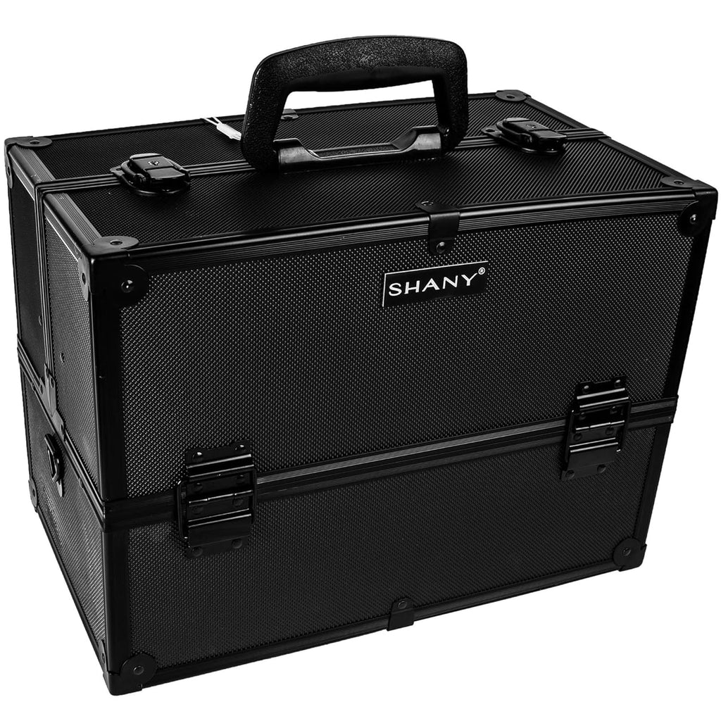 SHANY Essential Pro Makeup Train Case Cosmetic Box Portable Makeup Case Cosmetics Beauty Organizer Jewelry storage with Locks, Multi Compartments Makeup Box and Shoulder Strap - All Black