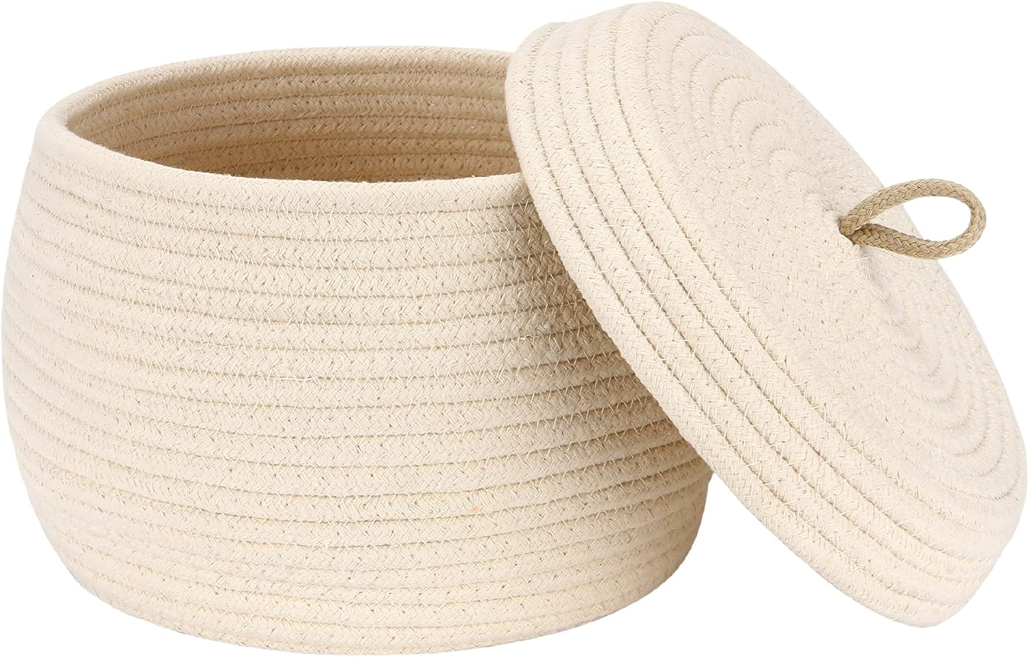 Sea Team Round Cotton Rope Storage Basket with Lid, Decorative Woven Storage Bin, Pot, Caddy, Organizer, Container for Snacks, Towels, Plants, 10 x 7.5 Inches (Small, Cream)