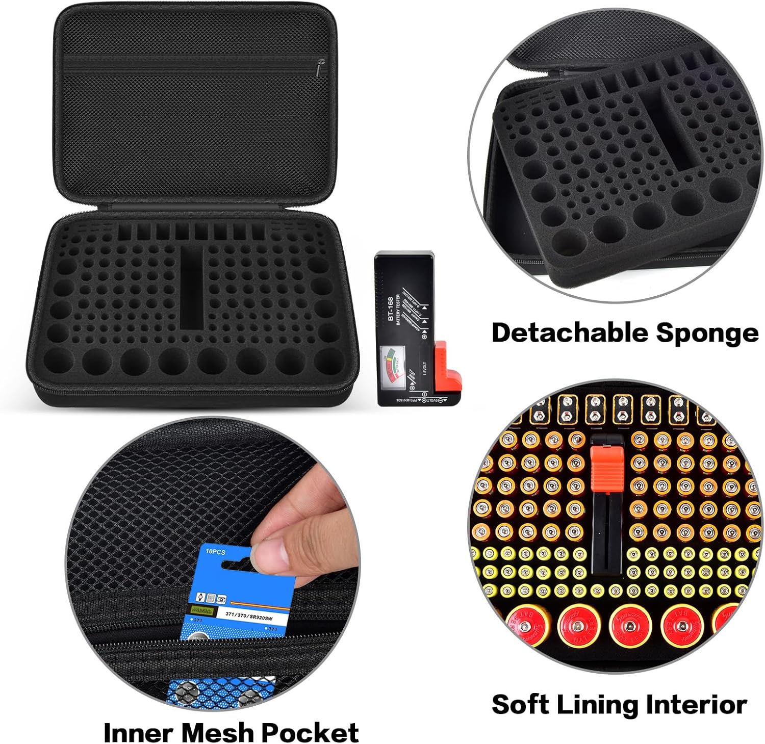 Battery Organizer Storage Case with Tester, Batteries Holder Box Carrying Container Bag, Garage Vault Organization Holds 162+ Battery Variety Pack AA AAA AAAA C D 9V 3V Lithium(No Batteries) (Black)