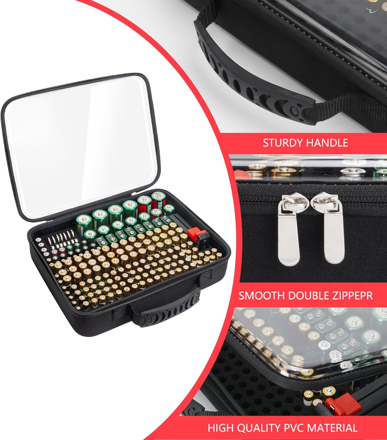 Glamgen Battery Organizer Storage Case with Tester,Stores & Protects Up to 200+ Batteries, Clear Cover with Easy Carry Handle, Garage Gadget Organization Holds AA AAA C D 9V