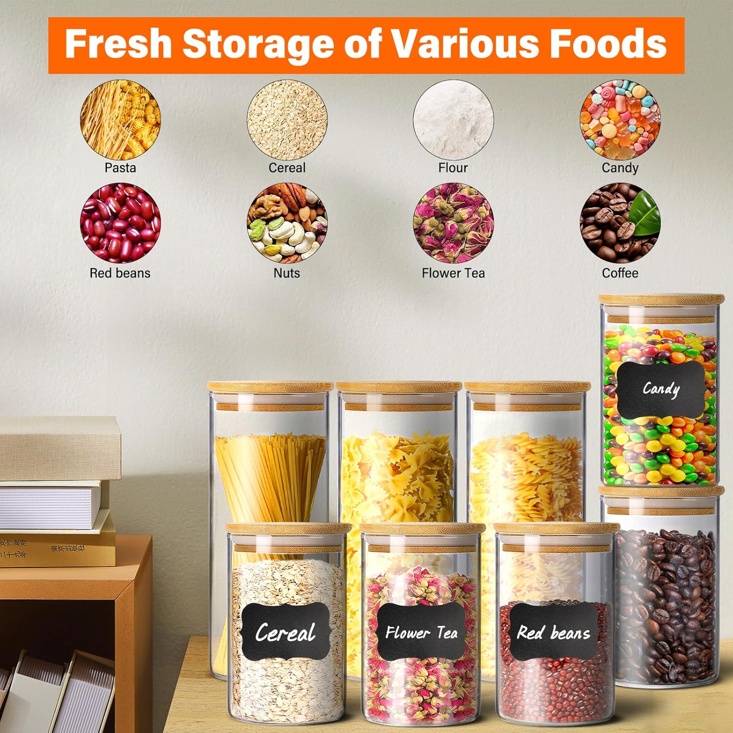 Glass Jars with Bamboo Lids Set of 12,Glass Storage Containers with Airtight Lids Storage Jars Food Storage Containers for Pasta,Flour,Cereal,Sugar,Cookie