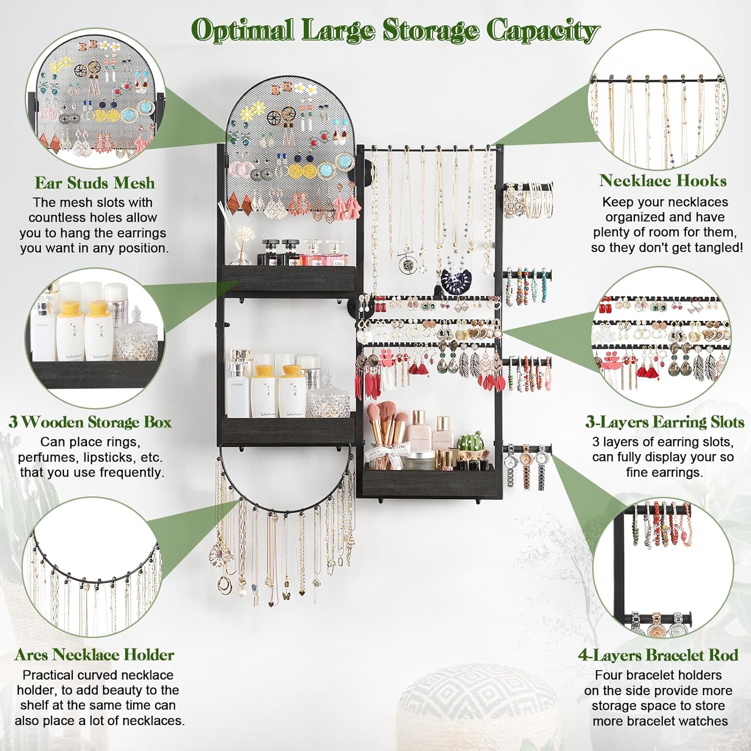 Keebofly Wall Mount Hanging Jewelry Organizer - Large Display Holder for Earrings, Rings, Necklaces, Bracelets, Watches and Perfume - Black