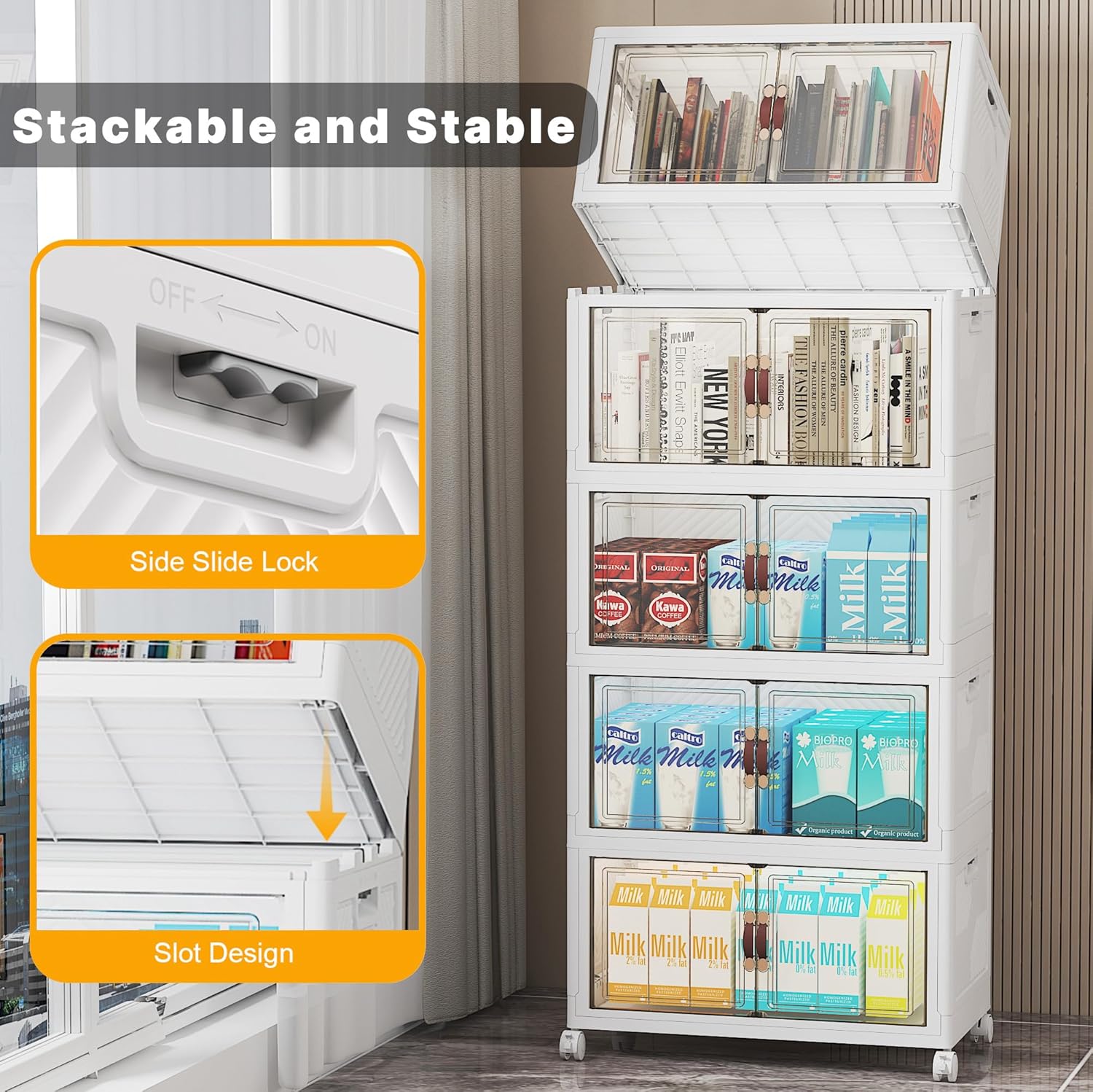 Extra Large Stackable Storage Bins with Lids & Wheels & Door, 260QT-52QT/13GAL*5Pack Foldable Collapsible Closet Organizers, Plastic containers drawers for bedroom Dorm