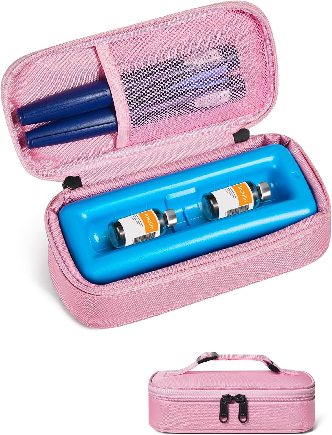 Insulin Vial Cooler Travel Case TSA Approved 300g Reusable Ice Brick Insulin Pen Case Holds 2 Pens and 2 Vials Long Lasting Medicine Cooler for Travel Camping and Outdoor Activities (Pink)