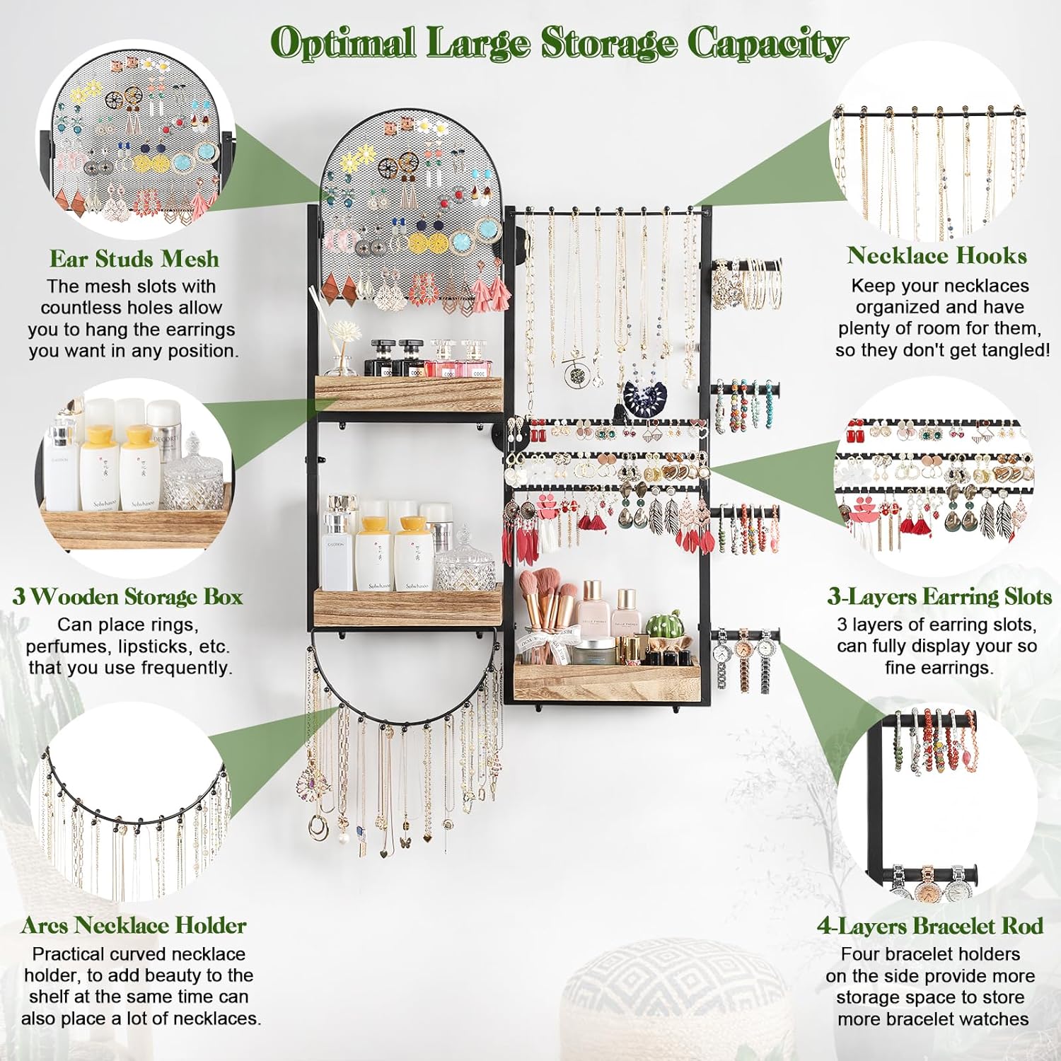 Keebofly Jewelry Organizer - Large Wall Mount Hanging Jewelry Holder Display for Earrings, Rings, Necklaces, Bracelets, Makeup, Perfume & Watches