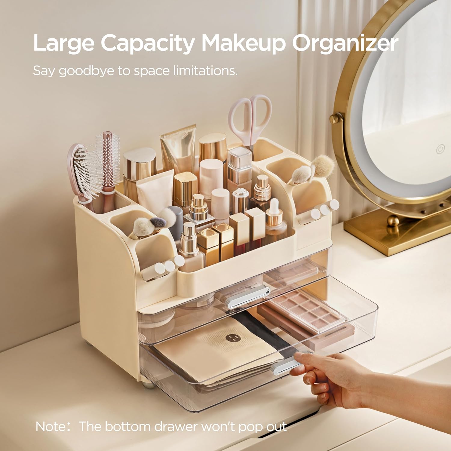 HBlife Makeup Organizer for Vanity with Brush Holder, Large Bathroom Countertop Cosmetic Organizer Skin Care Storage, Easy to Store Lipsticks, Nail Polishes, Perfumes, Eyeshadow Palettes, Beige