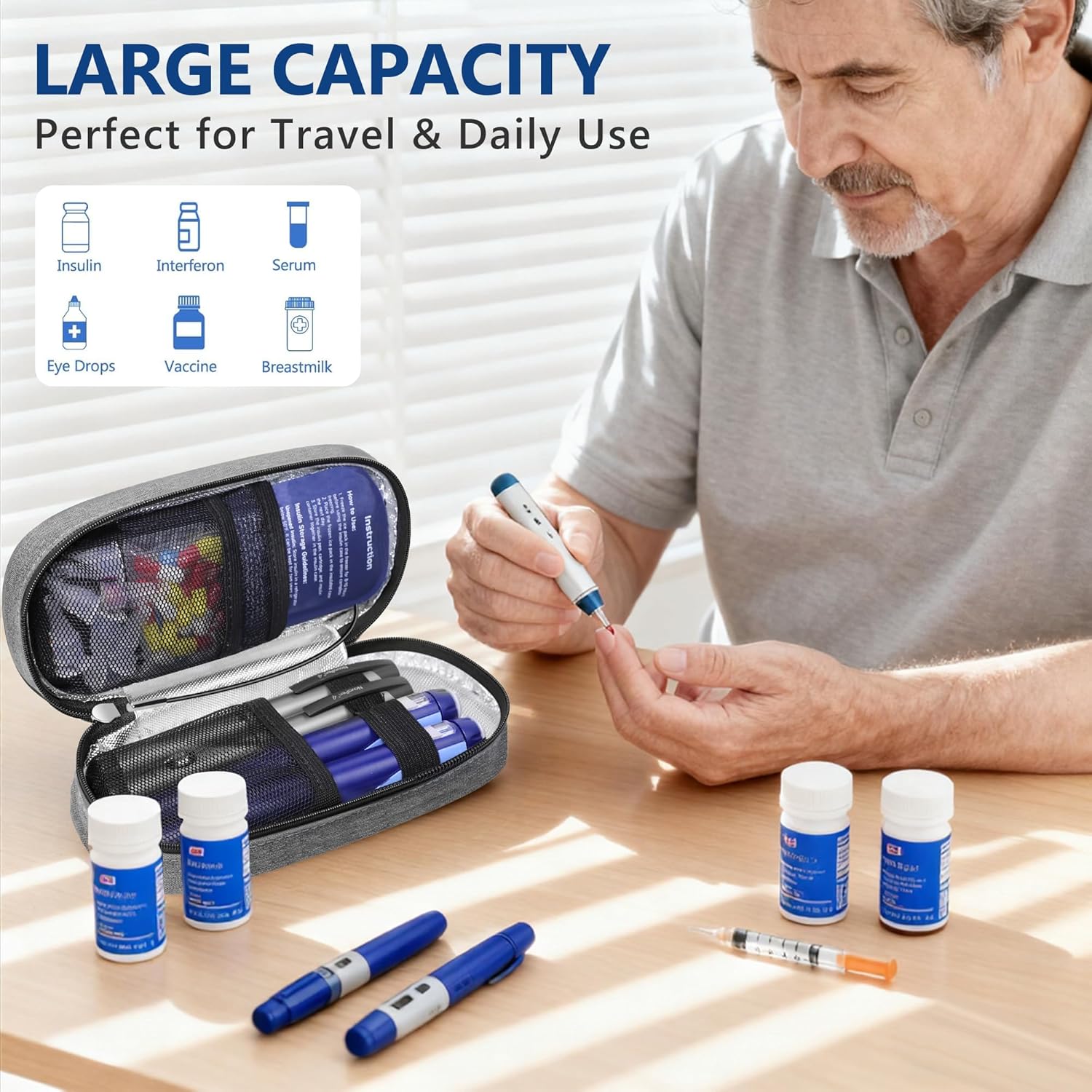 Insulin Cooler Travel Case TSA Approved with Temperature Display – Diabetic Medication Travel Case with 2 × 90g Ice Packs, Portable Medicine Organizer for 3–4 Insulin Pens and Diabetic Supplies(Grey)