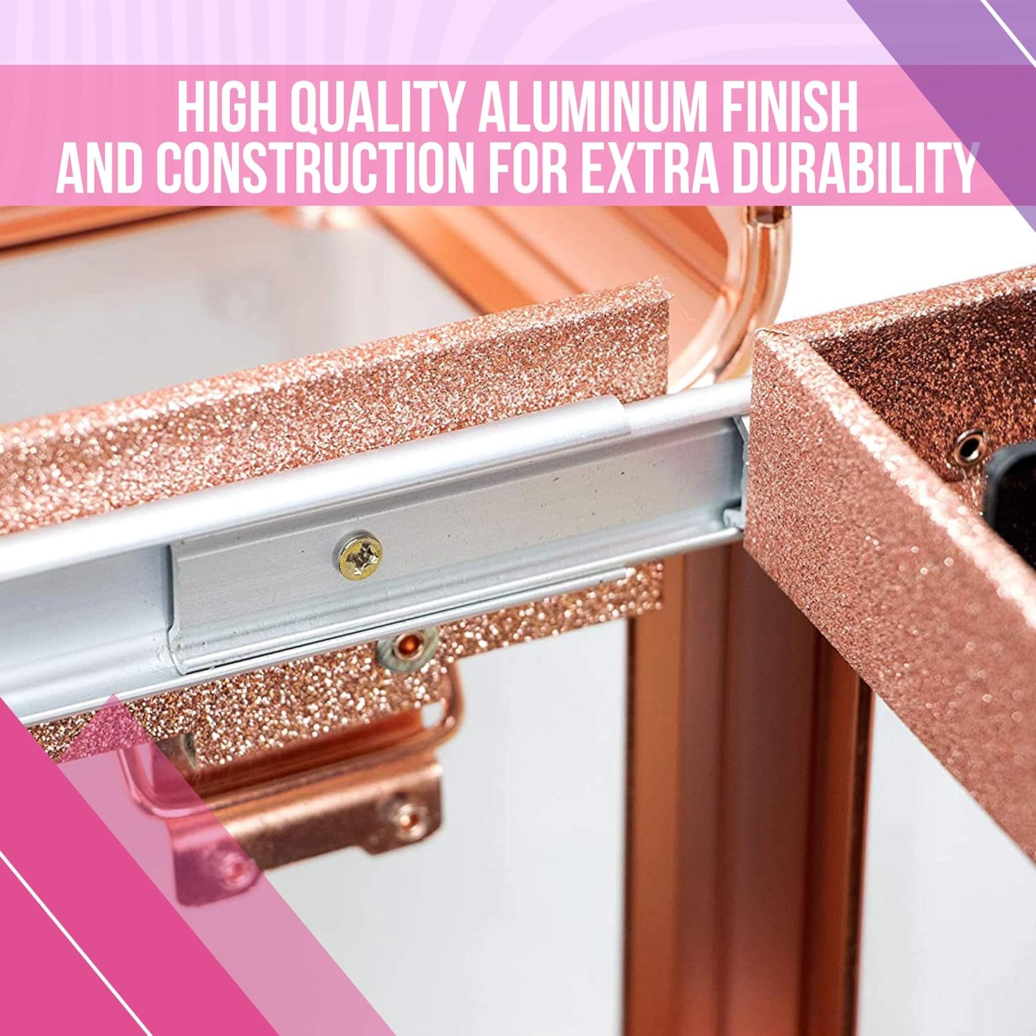 Ver Beauty Professional Armored Clear Acrylic Makeup Nail Tech Case with 2 Sliding Trays and Removable Dividers for Nail Polish Organizer Lockable Portable Travel Cosmetic Aluminum Case (Rose Gold)