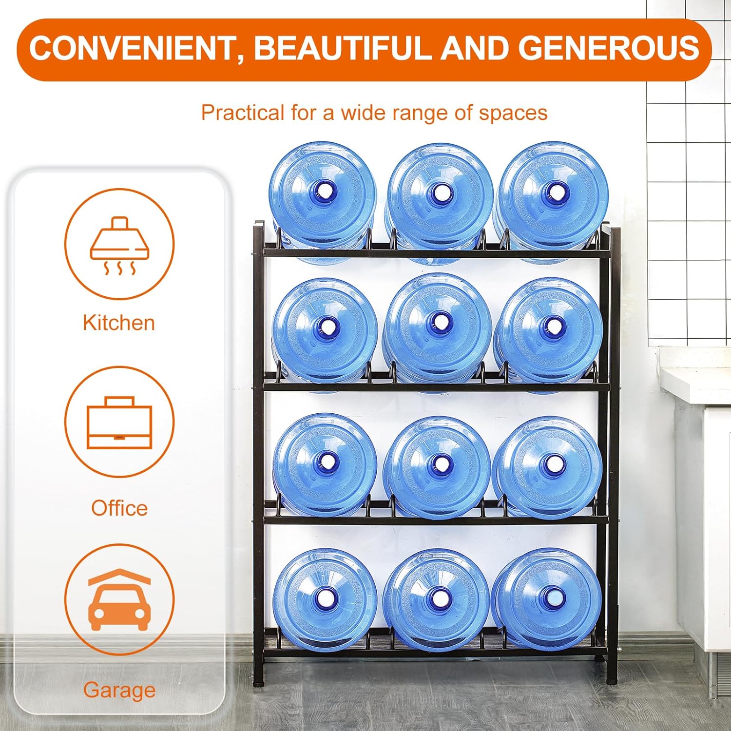 5 Gallon Water Dispenser Jug Holder Heavy Duty Water Cooler Jug Rack and 4 Tier Water Storage Rack with 12 Slots for Gallon Jugs (Black)