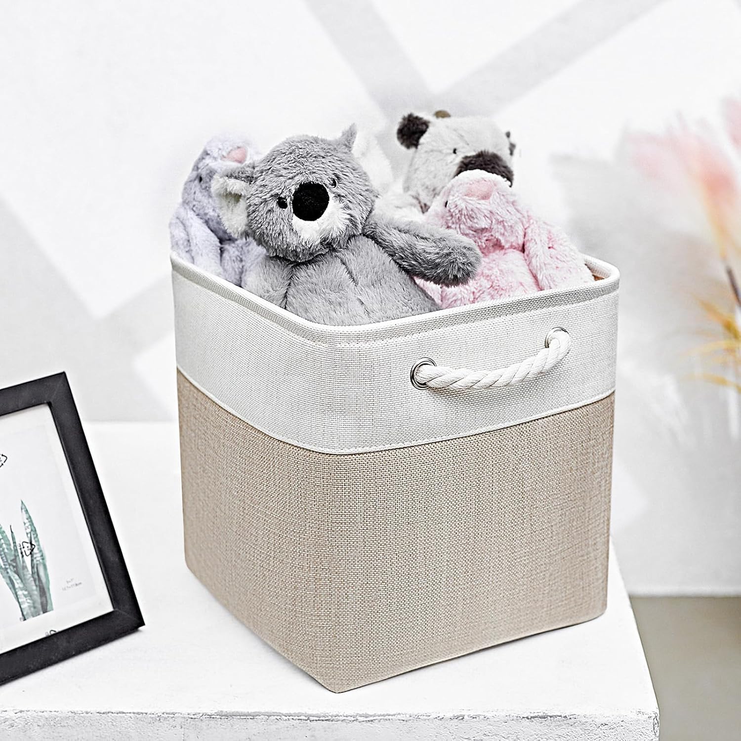 Fabric Storage Cubes, 11 inch cube storage bin with Handles, 11x11cube storage organizer bins, Collapsible Storage Bins for Shelves and Home, Cubby Storage Bins (white-khaki, 10.5x10.5x11in)