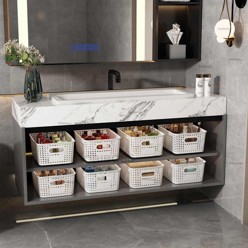 White Plastic Storage Baskets with Lids 10 Pack Stackable Storage Bins Containers for Shelves Organizing, Cute Decorative Storage Boxes for Classroom, Playroom, Closet, Pantry