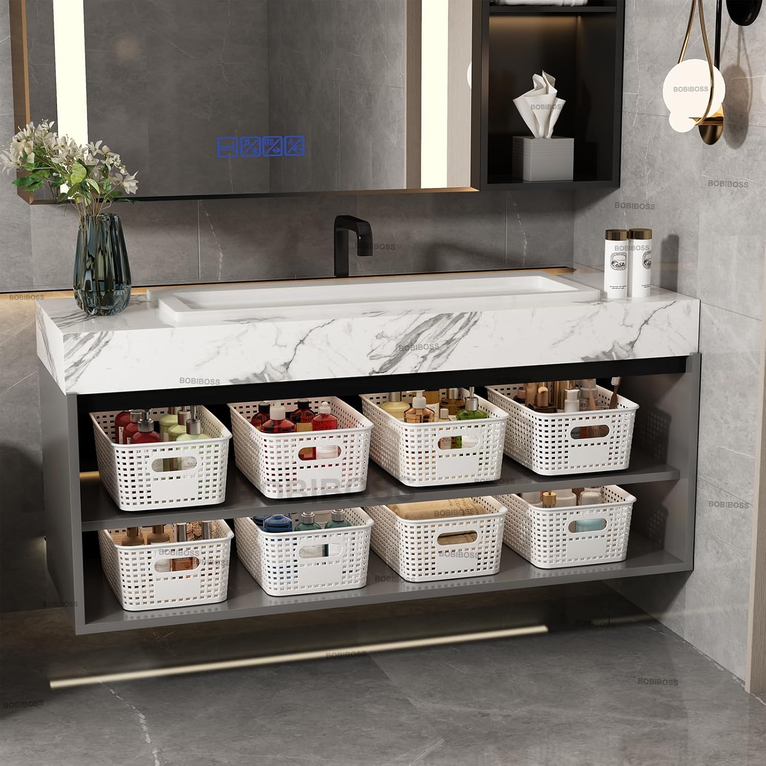 White Plastic Storage Baskets with Lids 10 Pack Stackable Storage Bins Containers for Shelves Organizing, Cute Decorative Storage Boxes for Classroom, Playroom, Closet, Pantry