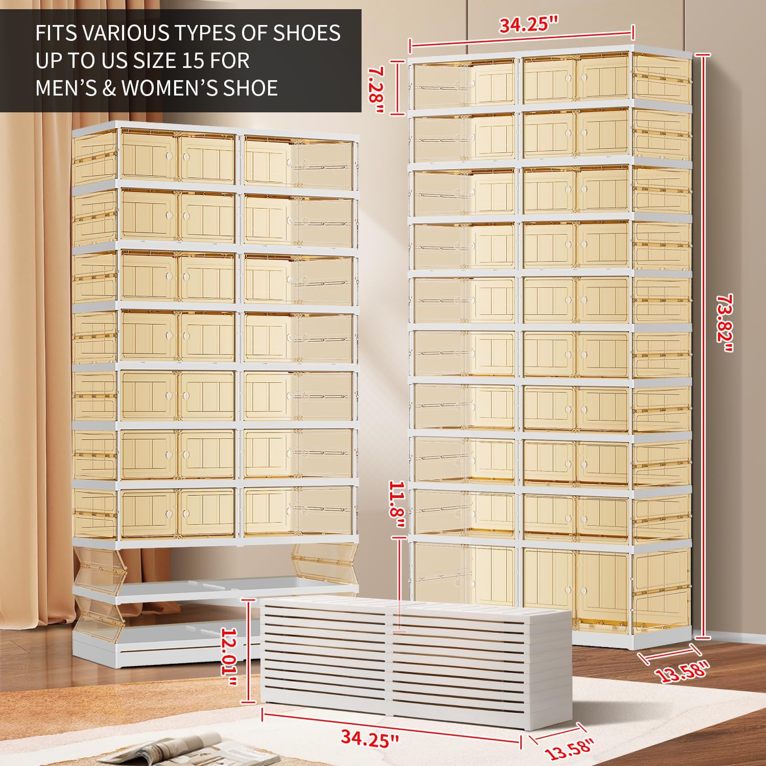 10 Tiers 20-40 Pairs Foldable Shoe Boxes Large Plastic Shoe Storage Rack Collapsible Shoe Organizer For Closet Tall Shoe Shelf Clear Stackable Shoes Cabinet with Doors Entryway