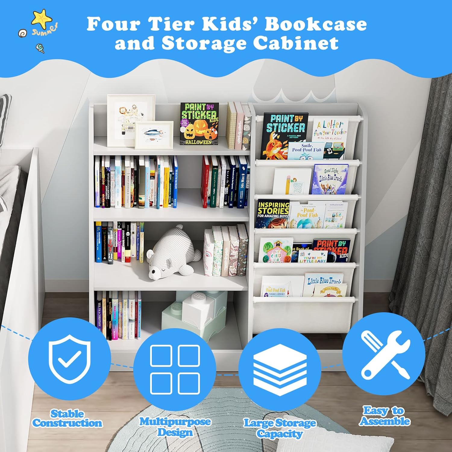 Gray 4 Tier Kids Wooden Bookshelf,Five Layer Sling Toddler Front Facing Bookcase,Baby Kids Storage Book Rack,Book and Toy Organizer Cabinet,Child Book Display Playroom Nursery Bedroom