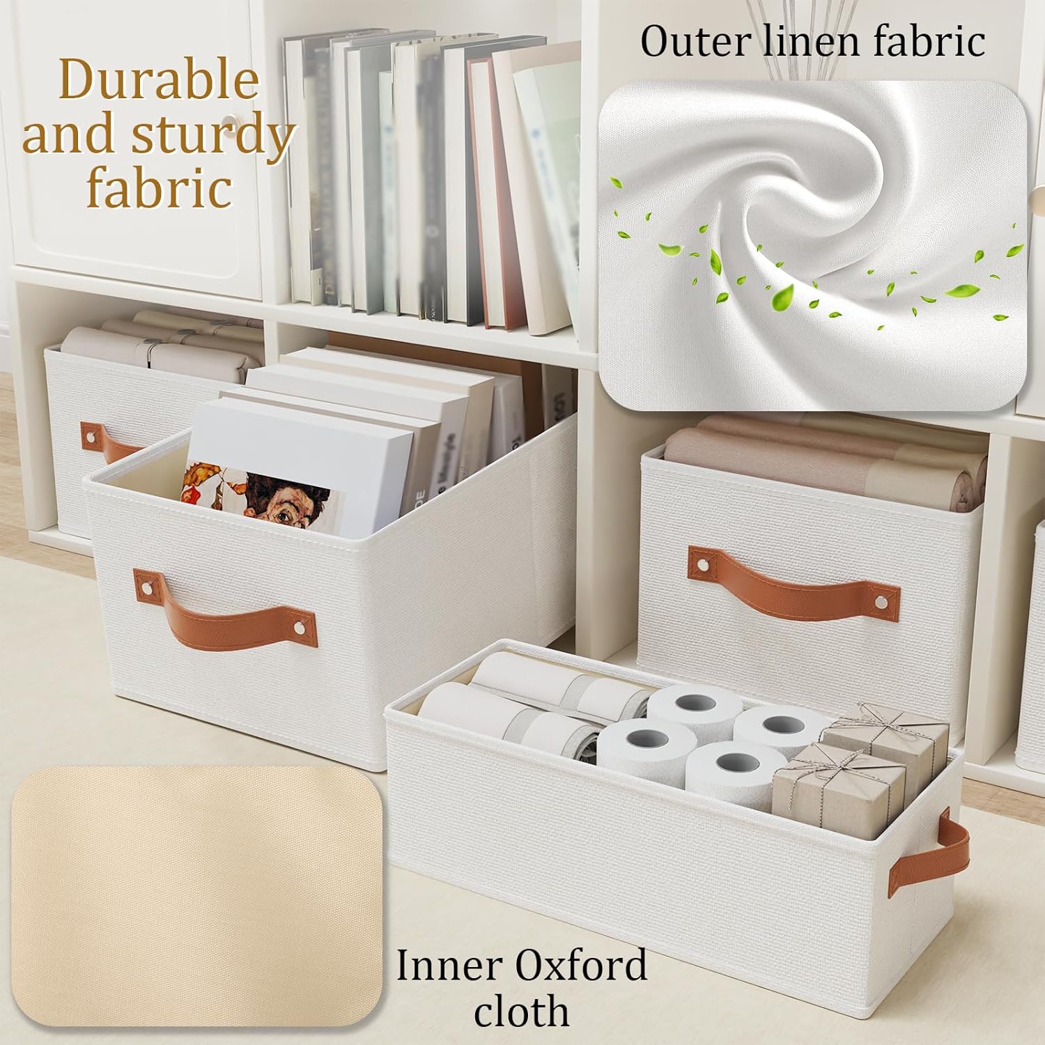 OUTBROS Foldable Wardrobe Organiser, Fabric Storage Bins, Boxes With Handles, For Bedrooms, Living Rooms, Shelves, White, 16.1 x 6.5 x 9.8 inch, 3-Pack