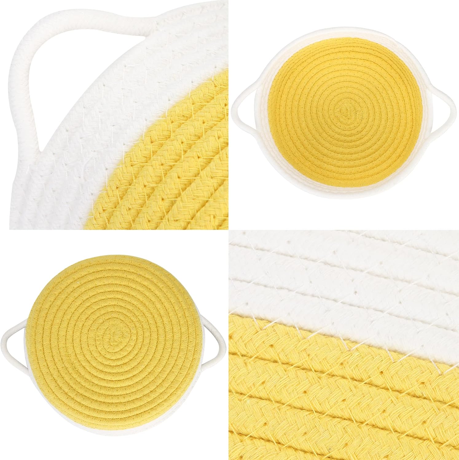 Sea Team 2-Pack Cotton Rope Baskets, 10 x 3 Inches Small Woven Storage Basket, Fabric Tray, Bowl, Round Open Dish for Fruits, Jewelry, Keys, Sewing Kits (Yellow & White)
