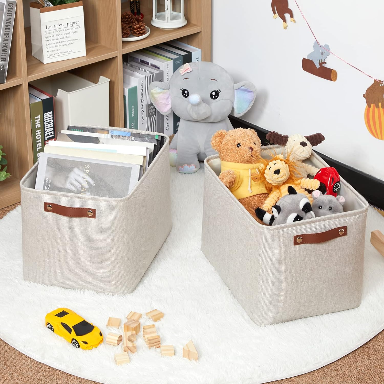 HNZIGE Large Canvas Baskets 16"×11.8"×11.8" Decorative Storage Bins with Leather Handles (2 Pack) Collapsible Rectangle Storage Baskets for Organizing Clothes, Toy, Books, Sundries, Tools(Cream)