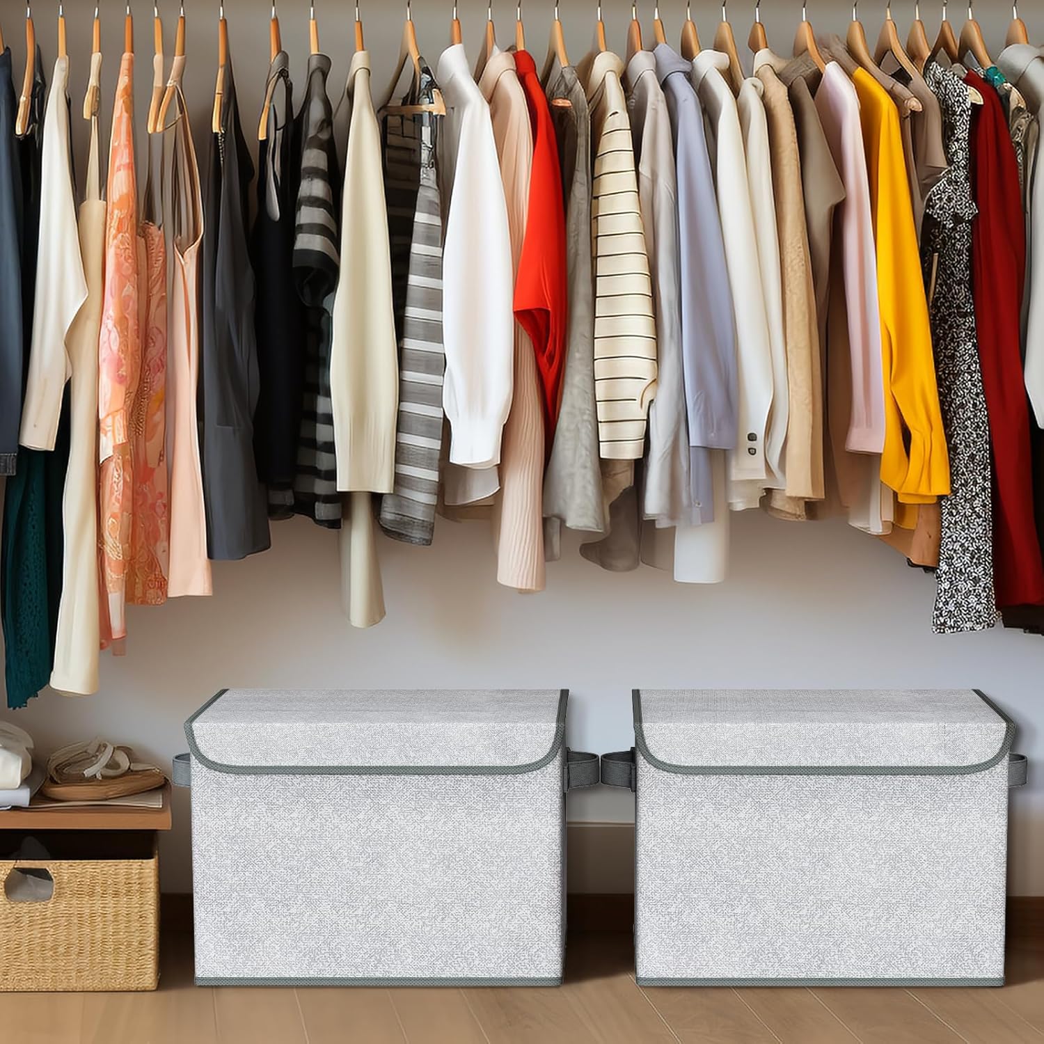 Univivi Storage Bins with Lids [4-Pack] Large Collapsible Stackable Fabric Storage Boxes with Lids, Decorative Closet Organizers and Storage for Clothes, Office, Bedroom (Gray, 17“ x 12” x 12")