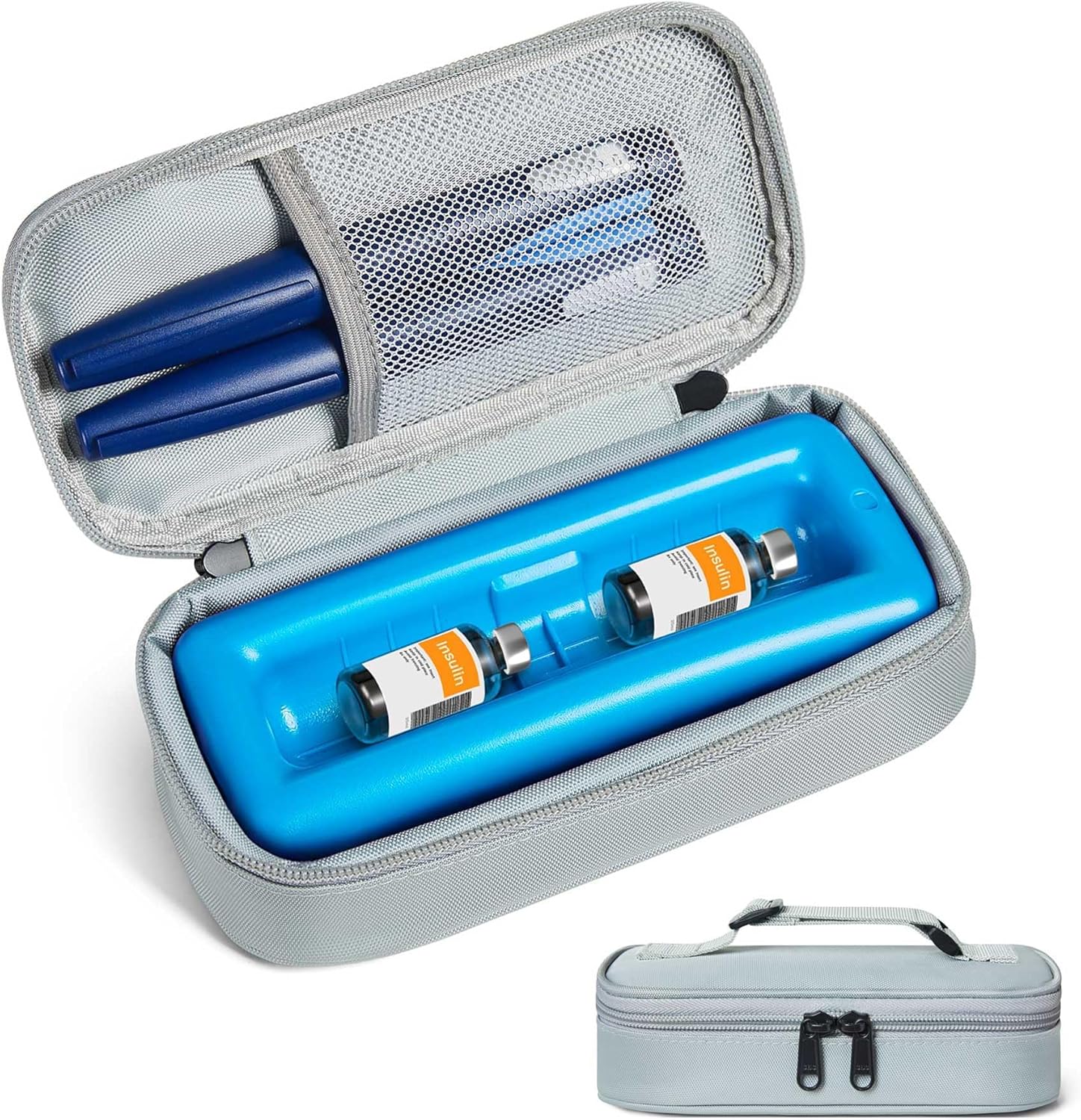 Insulin Vial Cooler Travel Case TSA Approved 300g Reusable Ice Brick Insulin Pen Case Holds 2 Pens and 2 Vials Long Lasting Medicine Cooler for Travel Camping and Outdoor Activities (Gray)