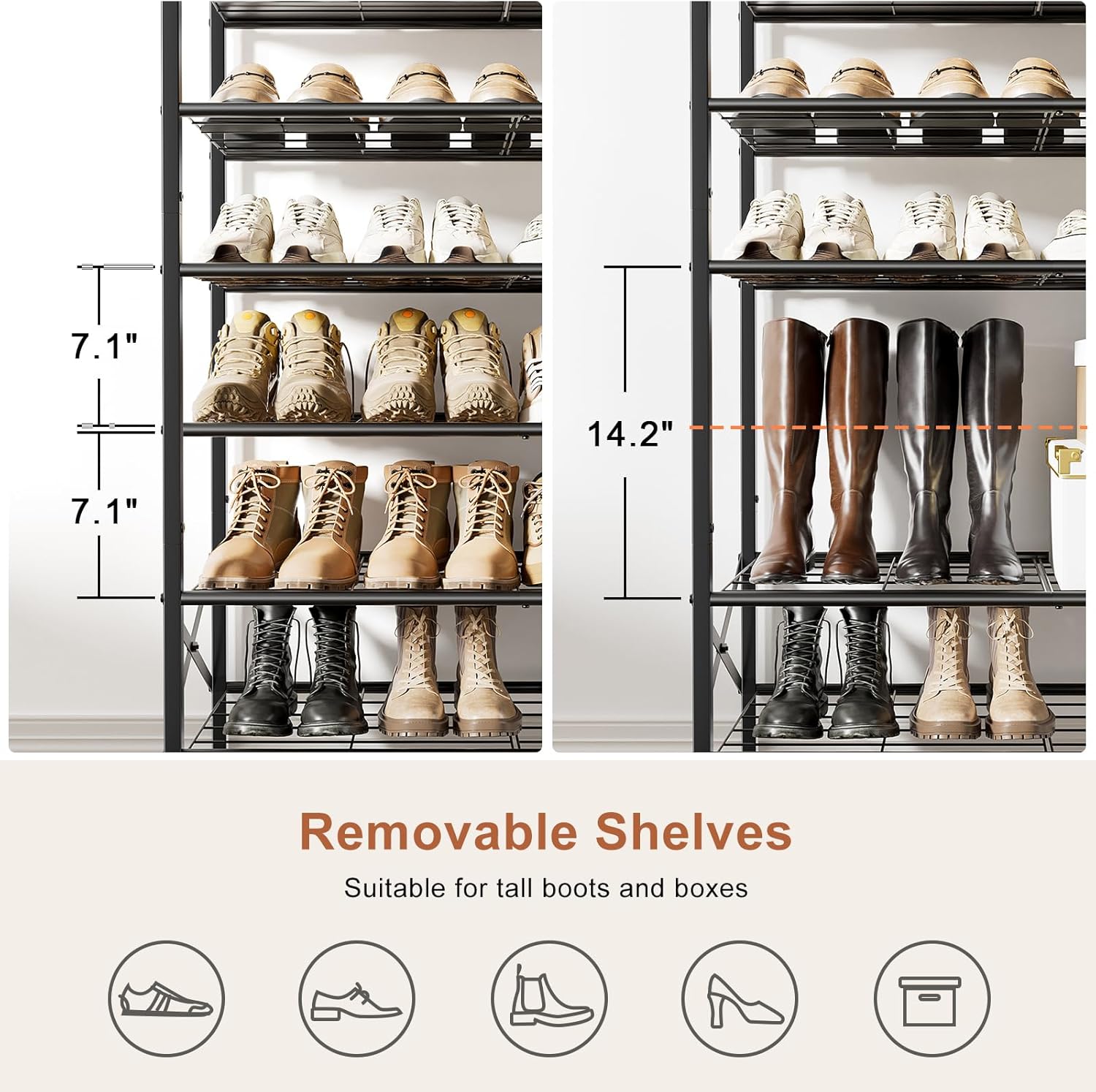 10-Tier Tall Shoe Rack Organizer Shoe Storage for Entryway 30-40 Pairs Metal Shoe Rack for Closet Heavy-Duty Shoe Rack with Wooden Top Shelf for Garage Black