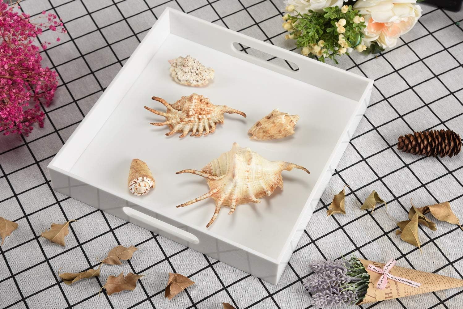 Glossy White Sturdy Acrylic Serving Tray with Handles-12x12Inch-Serving Coffee,Appetizer,Breakfast,Butler-Kitchen Countertop -Cosmetics Organizer-Vanity Table Tray-Ottoman Tray-Decorative