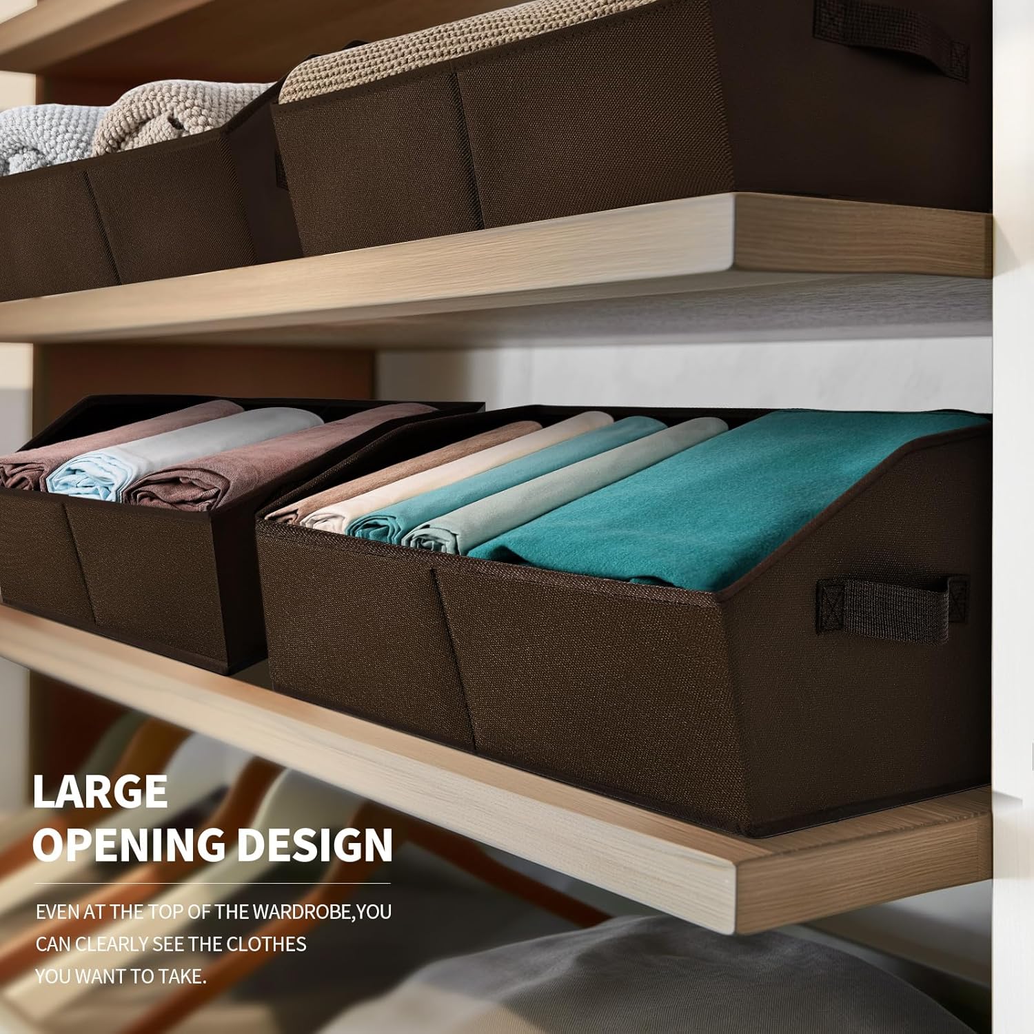 Closet Baskets for Shelves Trapezoid - Decorative Storage Baskets with Handle, Closet Bins for Organization, Shelf Storage Bins for Clothes, Books, Home, Office, 4 Pack, Brown