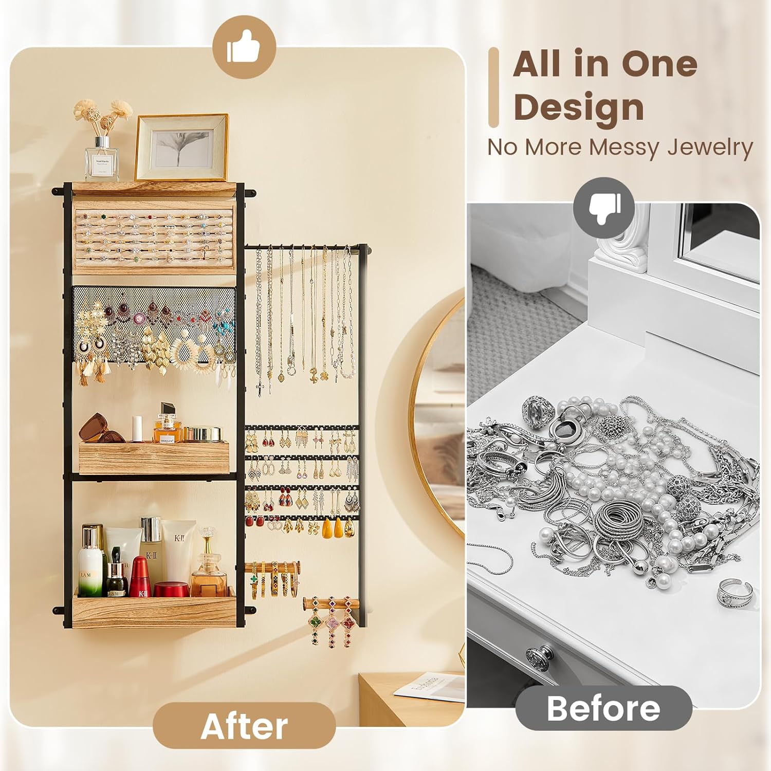 Pinzoveco Hanging Jewelry Organizer Wall Mounted, Large Hanging Jewelry Organizer Holder for Necklaces,Bracelest,Earrings,Rings,Watched,Makeup & Perfume (Black)