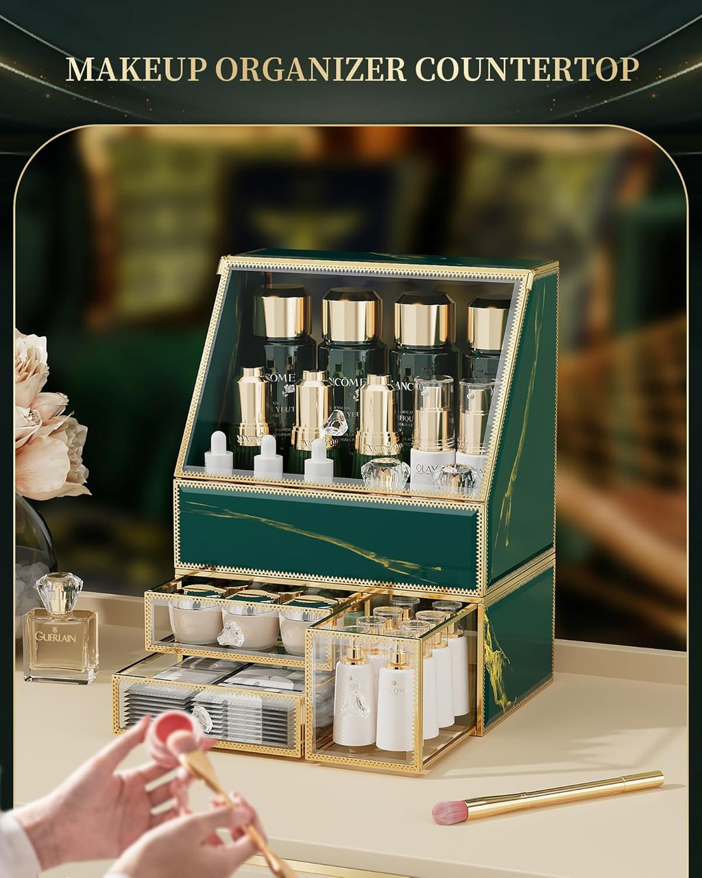 Makeup Organizer Countertop,Green Makeup Organizer with Drawer, Skincare Holder for Bathroom Countertop,Cosmetic Display Case for Dresser.