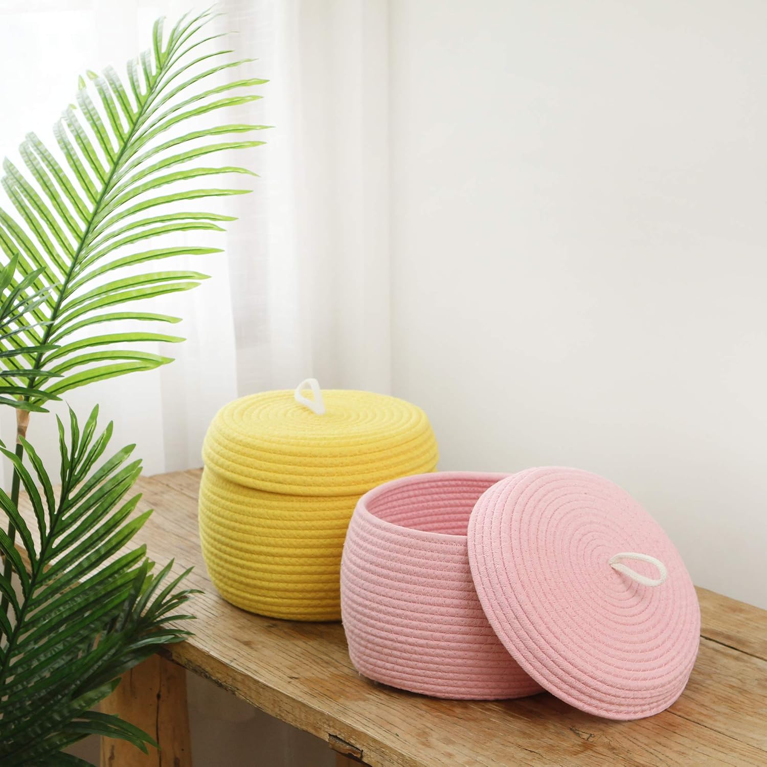 Sea Team Round Cotton Rope Storage Basket with Lid, Decorative Woven Storage Bin, Pot, Caddy, Organizer, Container for Snacks, Towels, Plants, 10 x 7.5 Inches (Small, Pink)