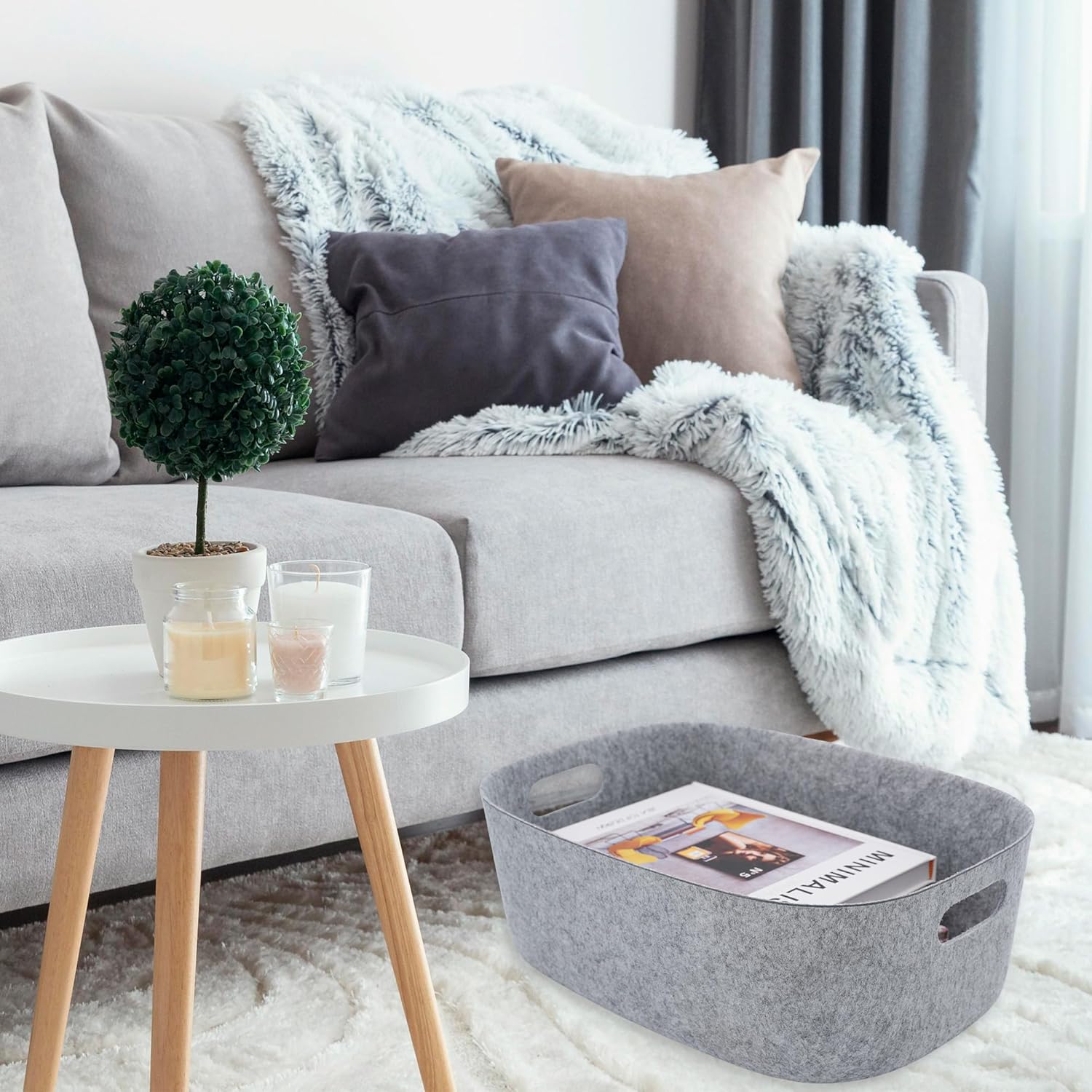 Welaxy Large Storage Basket Felt Open Desk Organize bin Shelf baskets with handles light weight carry for Magazines Books Junk Kids Toys Pet toy Clothes Laundry (Gray)