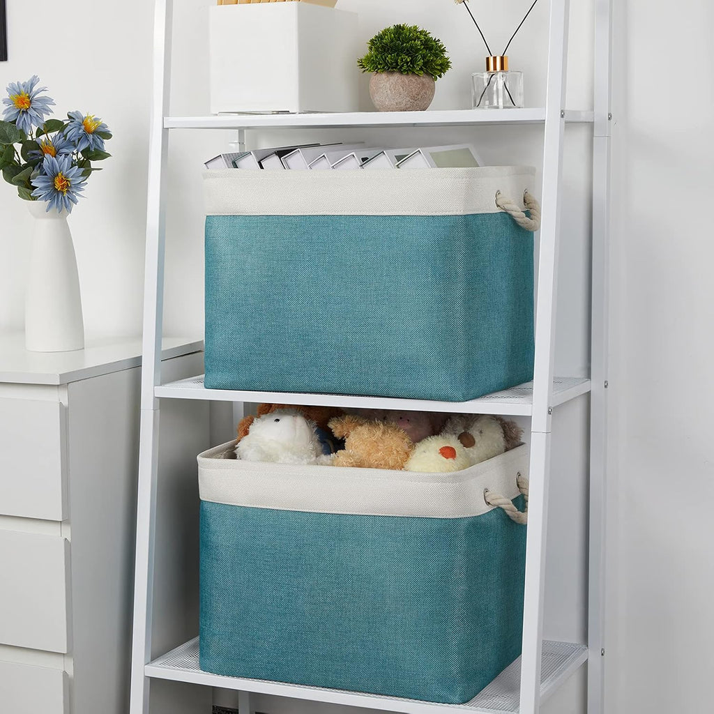 Bidtakay Foldable Storage Bins Set of 2 Tall Cloth Baskets 16" X 11.8" X 11.8" Decorative Organizers for Linen Closet (White & Teal)