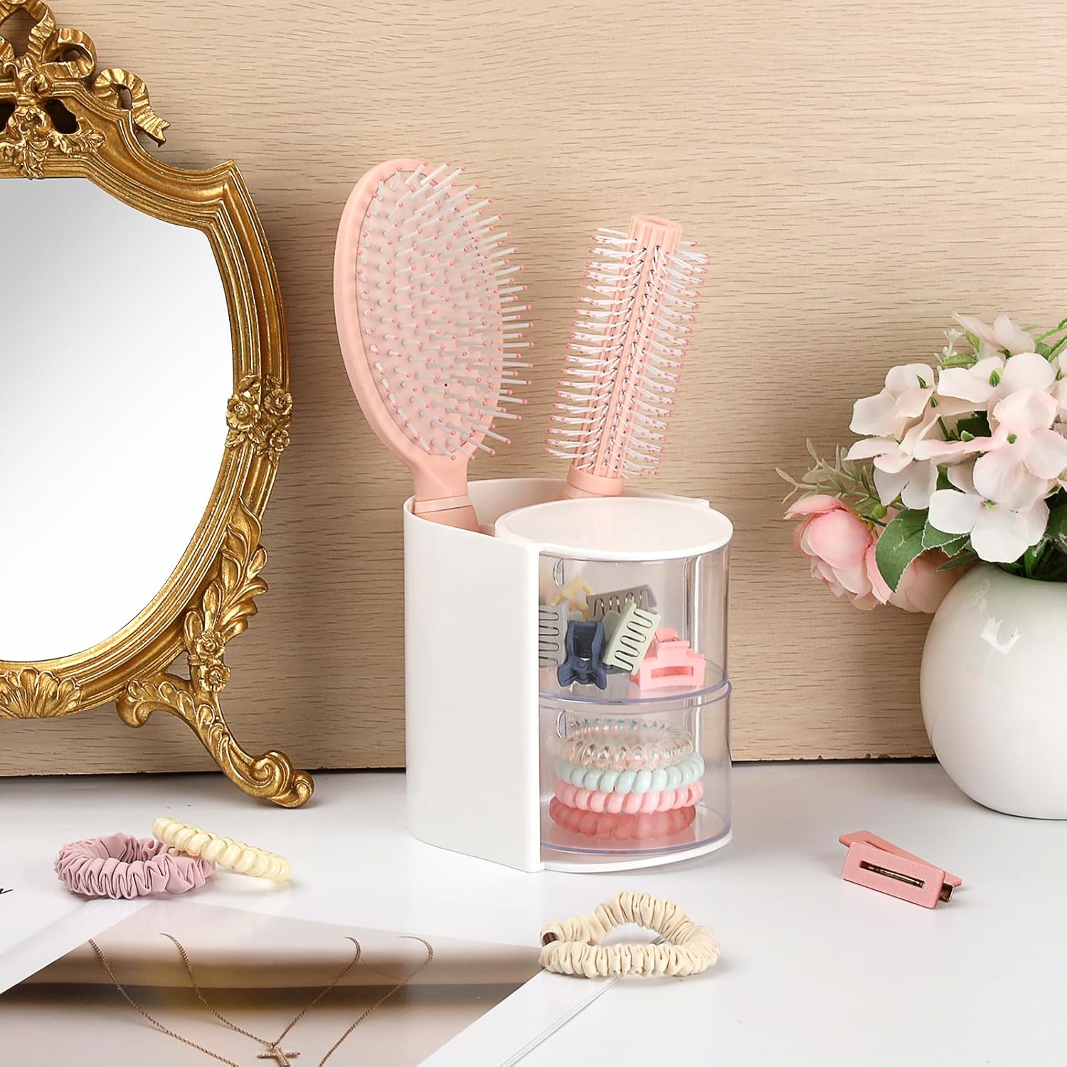 Hair Accessories Organizer with Hair Brush Holder Rotating Makeup Storage Container Plastic Desktop Storage Organizer for Hair Clip Tie, 2-Layer White